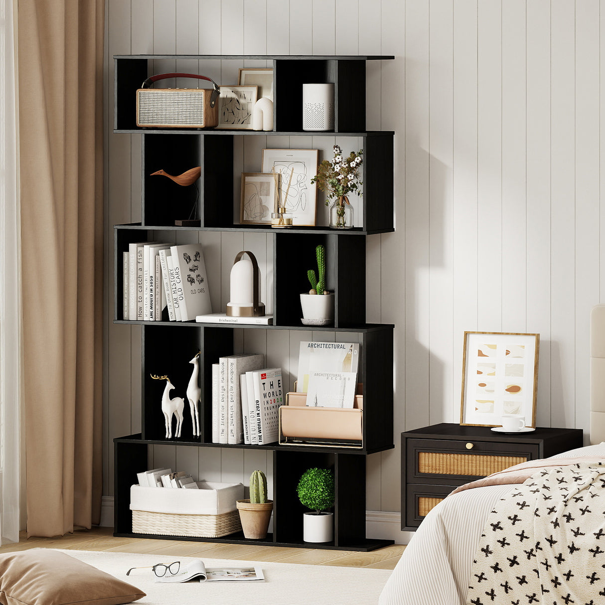 Geometric Bookshelf Set of 2 5-Tier Bookcase with Open Shelves and Closed-back Cubes-Black