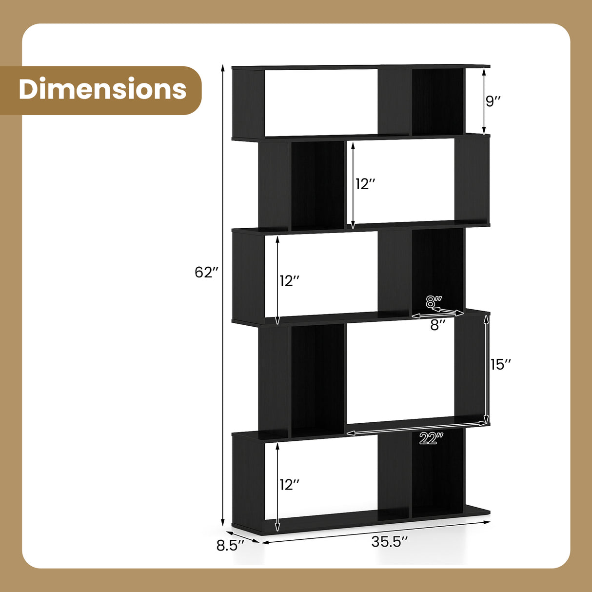 Geometric Bookshelf Set of 2 5-Tier Bookcase with Open Shelves and Closed-back Cubes-Black