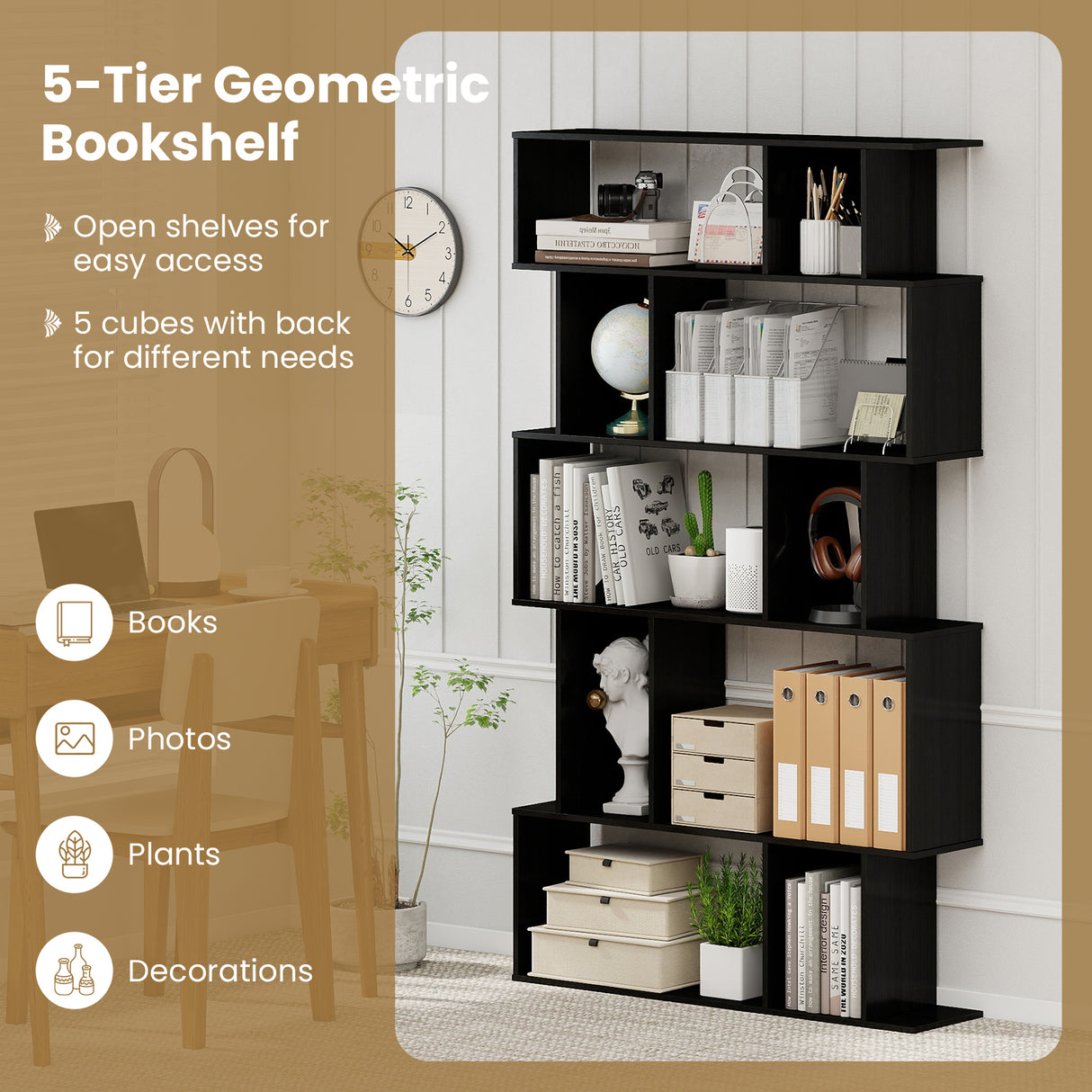 Geometric Bookshelf Set of 2 5-Tier Bookcase with Open Shelves and Closed-back Cubes-Black