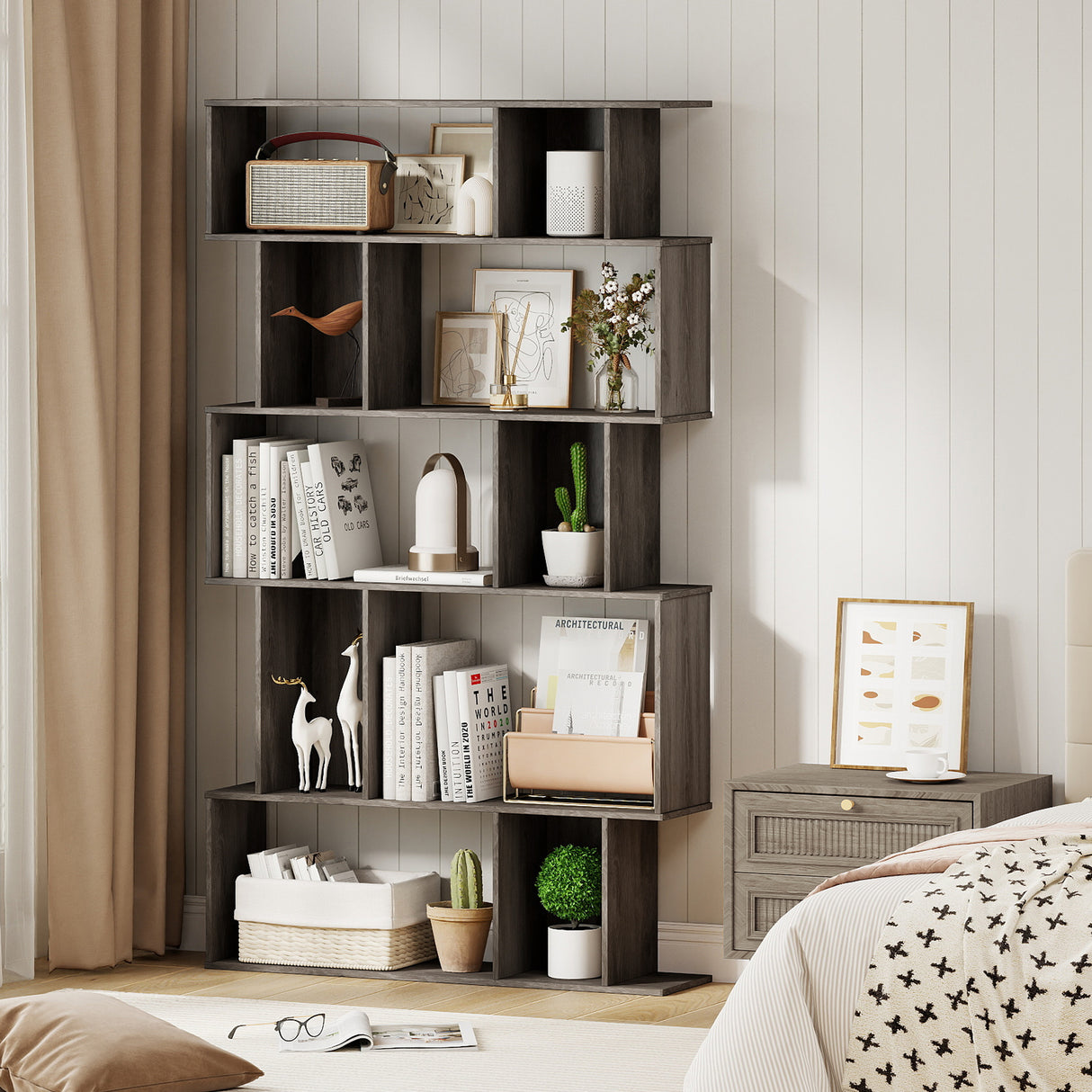Geometric Bookshelf Set of 2 5-Tier Bookcase with Open Shelves and Closed-back Cubes-Oak