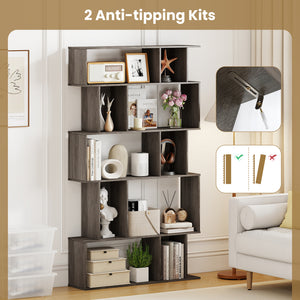 Geometric Bookshelf Set of 2 5-Tier Bookcase with Open Shelves and Closed-back Cubes-Oak