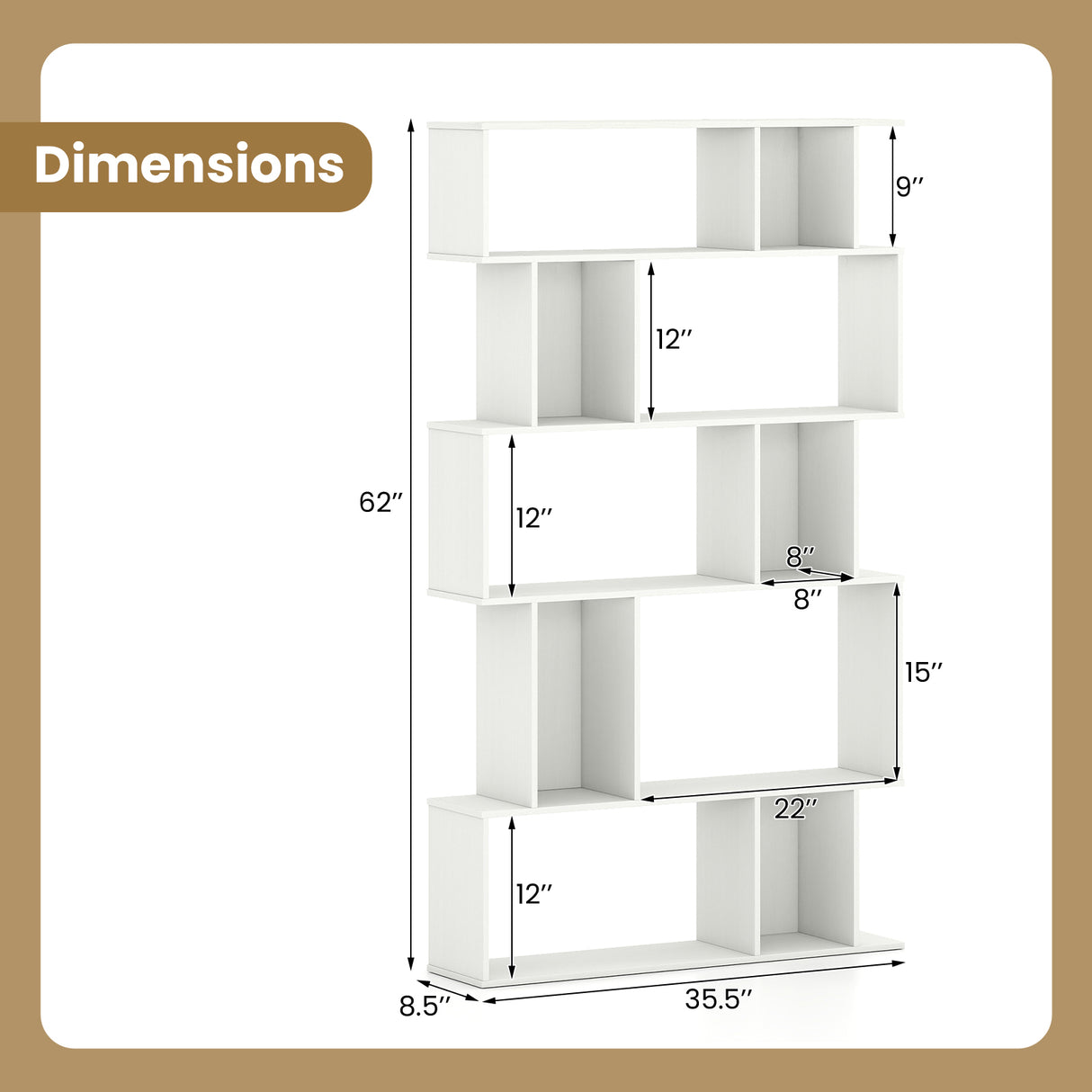 Geometric Bookshelf Set of 2 5-Tier Bookcase with Open Shelves and Closed-back Cubes-White