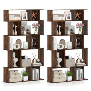 Geometric Bookshelf Set of 2 5-Tier Bookcase with Open Shelves and Closed-back Cubes-Brown