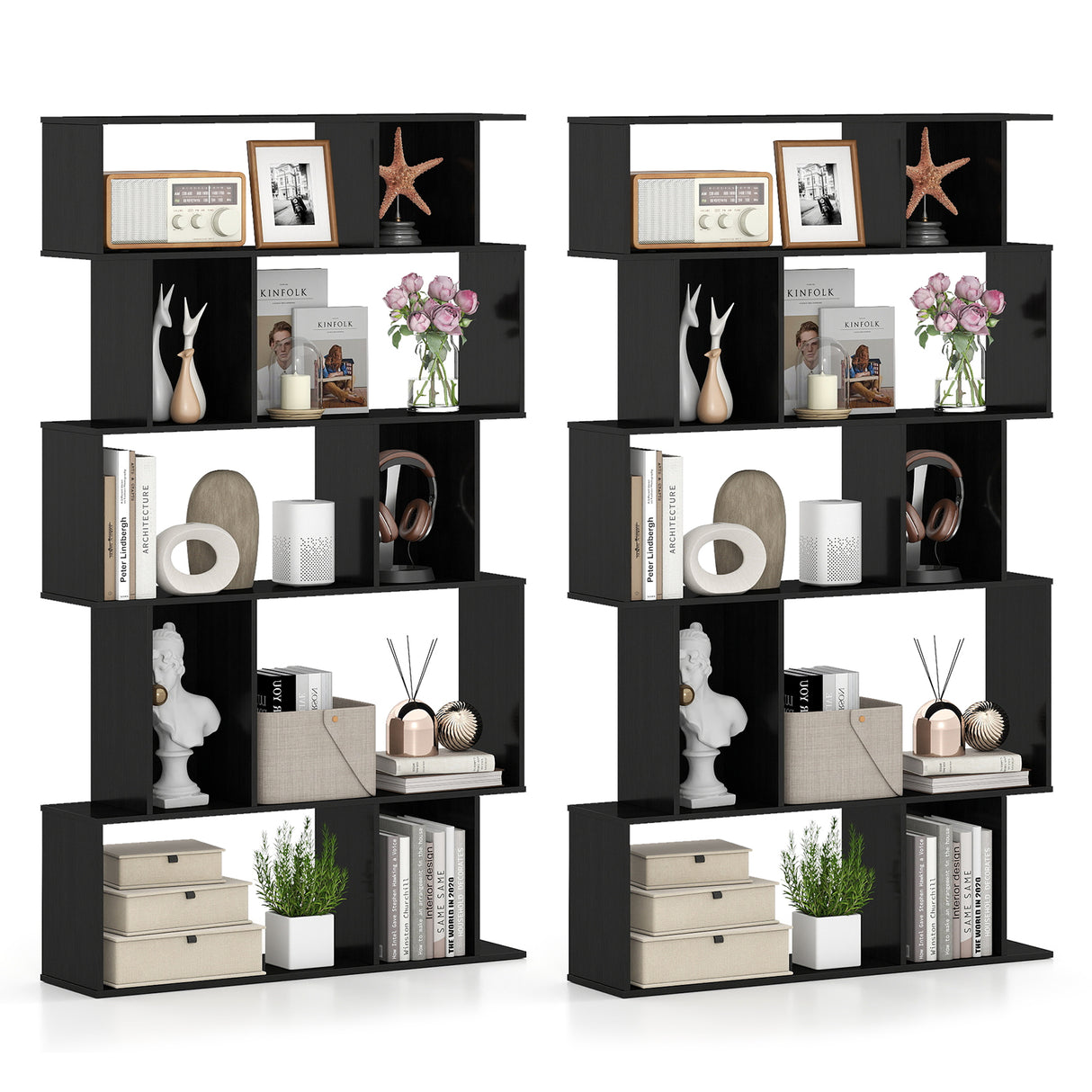 Geometric Bookshelf Set of 2 5-Tier Bookcase with Open Shelves and Closed-back Cubes-Black