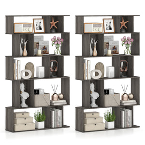 Geometric Bookshelf Set of 2 5-Tier Bookcase with Open Shelves and Closed-back Cubes-Oak