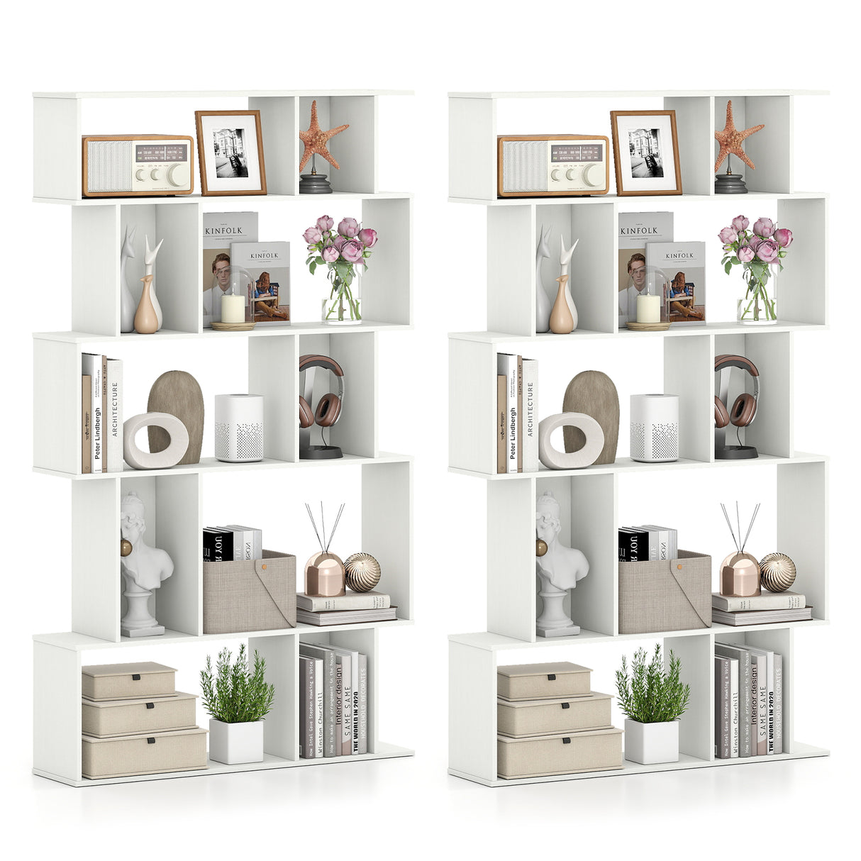 Geometric Bookshelf Set of 2 5-Tier Bookcase with Open Shelves and Closed-back Cubes-White
