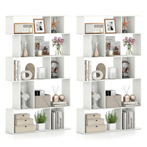 Geometric Bookshelf Set of 2 5-Tier Bookcase with Open Shelves and Closed-back Cubes-White