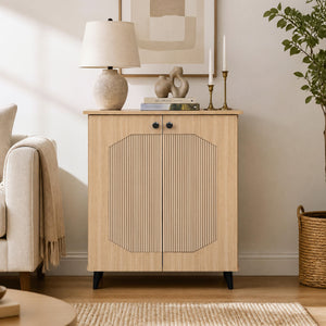 Geometric Cabinet 2â€‘Door PUâ€‘like Freestanding Footwear Storage with Carved Panels for Entryway Hallway Living Room-Natural