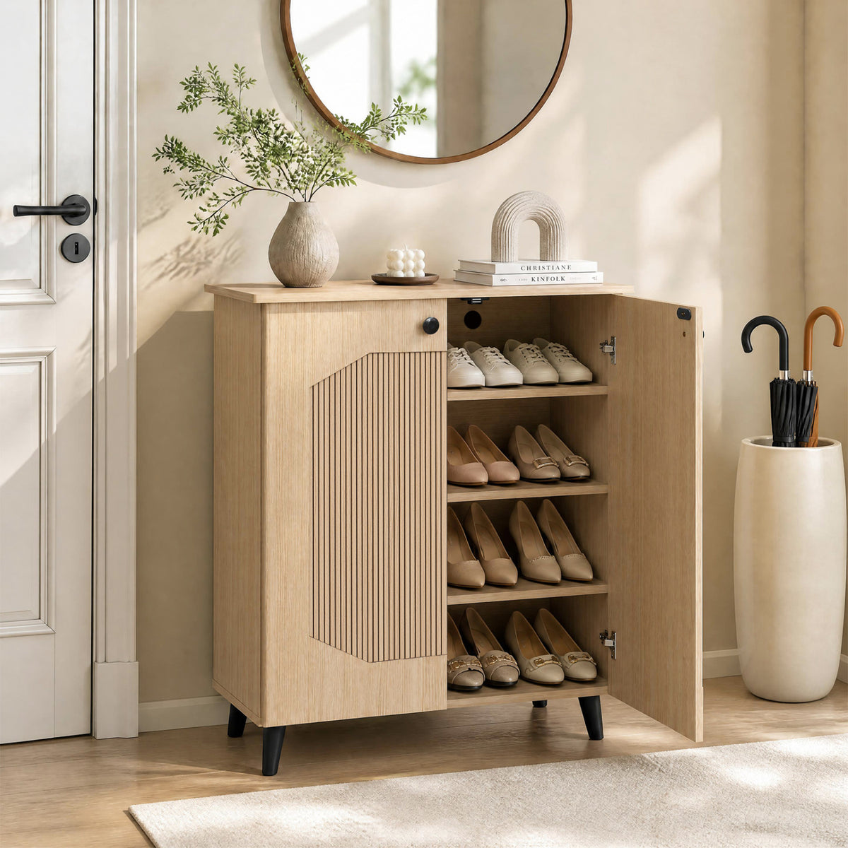 Geometric Cabinet 2â€‘Door PUâ€‘like Freestanding Footwear Storage with Carved Panels for Entryway Hallway Living Room-Natural