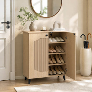 Geometric Cabinet 2â€‘Door PUâ€‘like Freestanding Footwear Storage with Carved Panels for Entryway Hallway Living Room-Natural