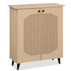 Geometric Cabinet 2â€‘Door PUâ€‘like Freestanding Footwear Storage with Carved Panels for Entryway Hallway Living Room-Natural