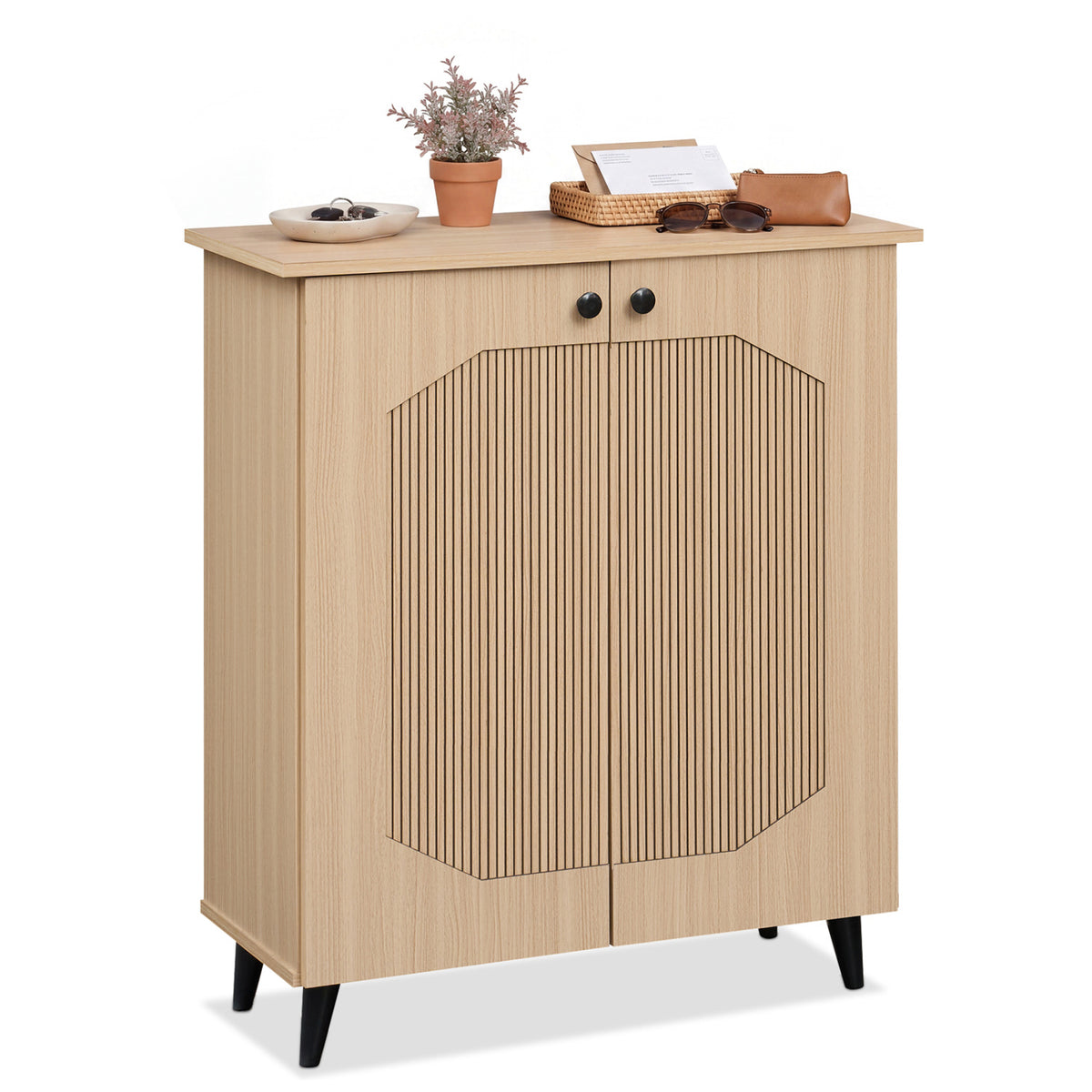 Geometric Cabinet 2â€‘Door PUâ€‘like Freestanding Footwear Storage with Carved Panels for Entryway Hallway Living Room-Natural