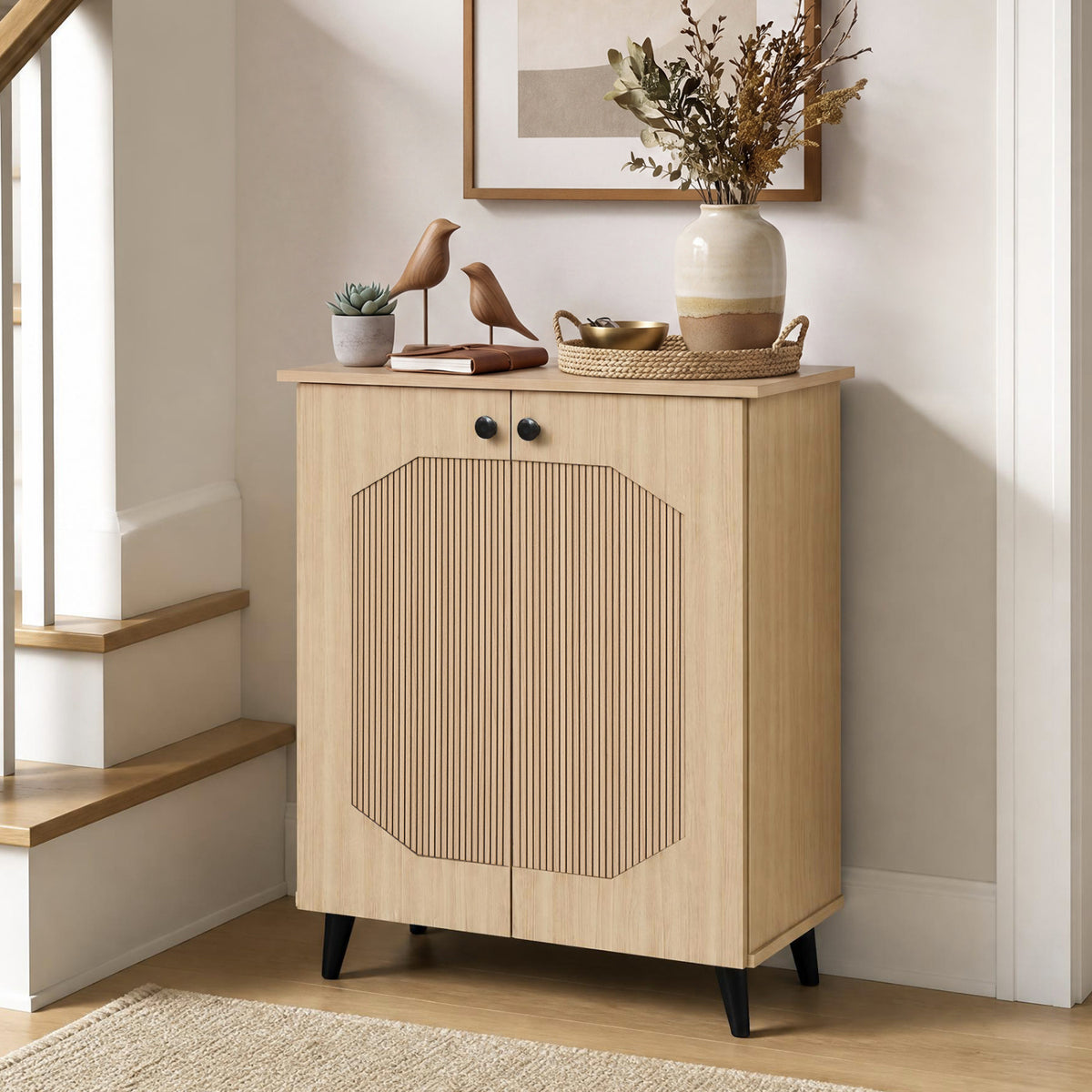 Geometric Cabinet 2â€‘Door PUâ€‘like Freestanding Footwear Storage with Carved Panels for Entryway Hallway Living Room-Natural