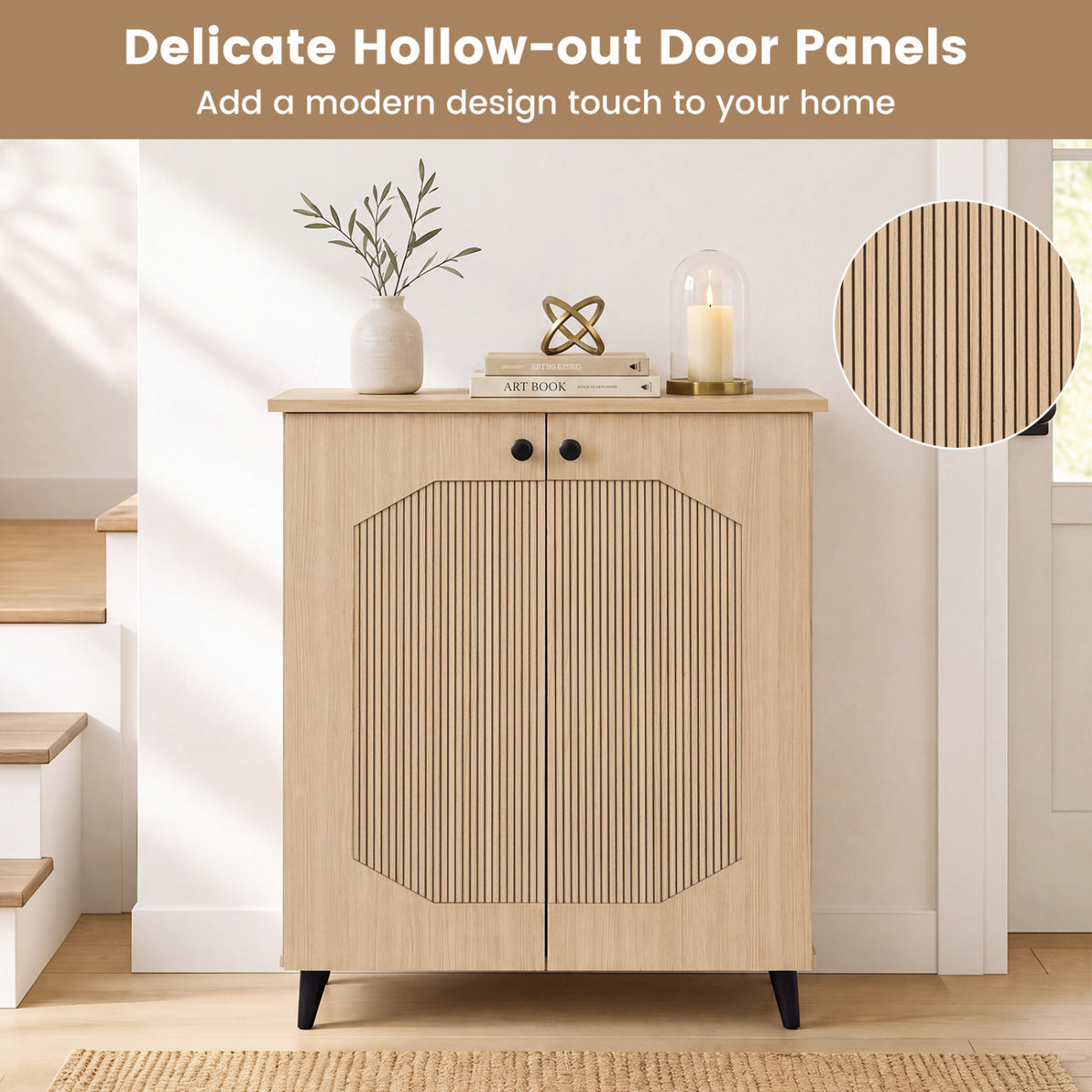 Geometric Cabinet 2â€‘Door PUâ€‘like Freestanding Footwear Storage with Carved Panels for Entryway Hallway Living Room-Natural
