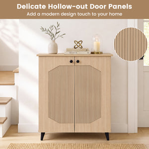Geometric Cabinet 2â€‘Door PUâ€‘like Freestanding Footwear Storage with Carved Panels for Entryway Hallway Living Room-Natural