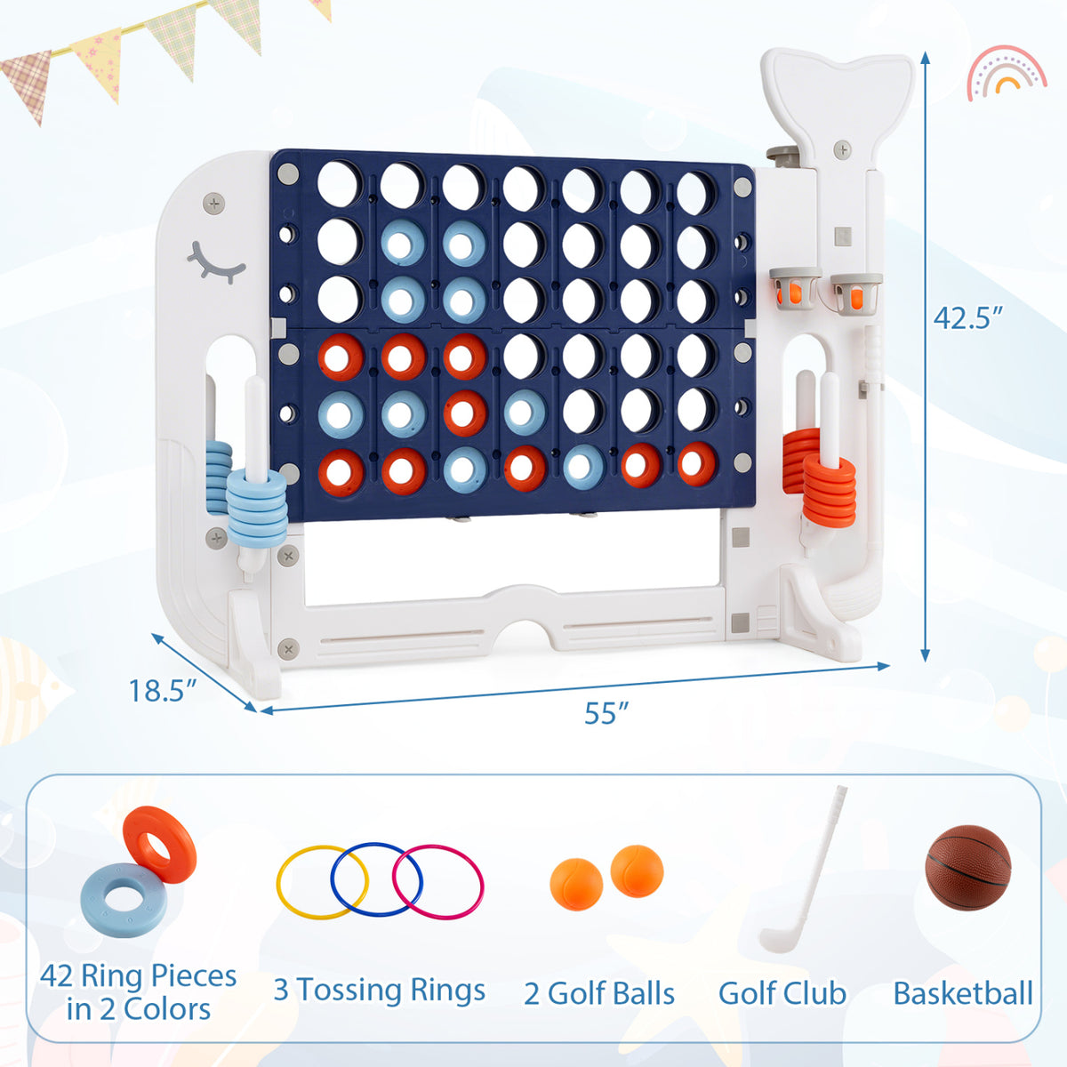 Giant 4-to-Score Game Set Jumbo Connect Four Game with Ring-toss-Navy