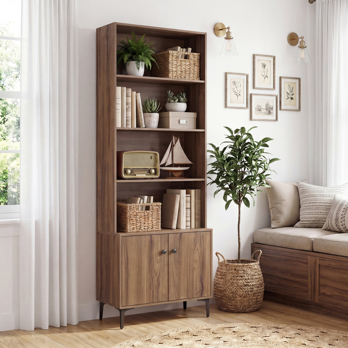 Giantex Bookshelf with Doors and 2 Anti-Tipping Kits for Home Office-Walnut