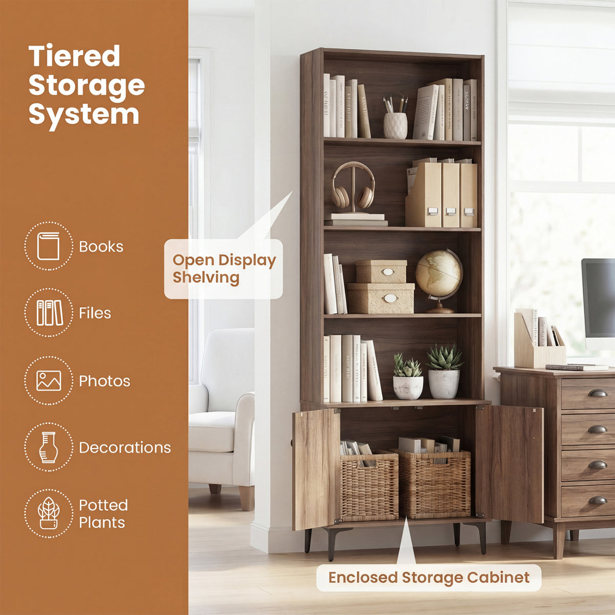 Giantex Bookshelf with Doors and 2 Anti-Tipping Kits for Home Office-Walnut