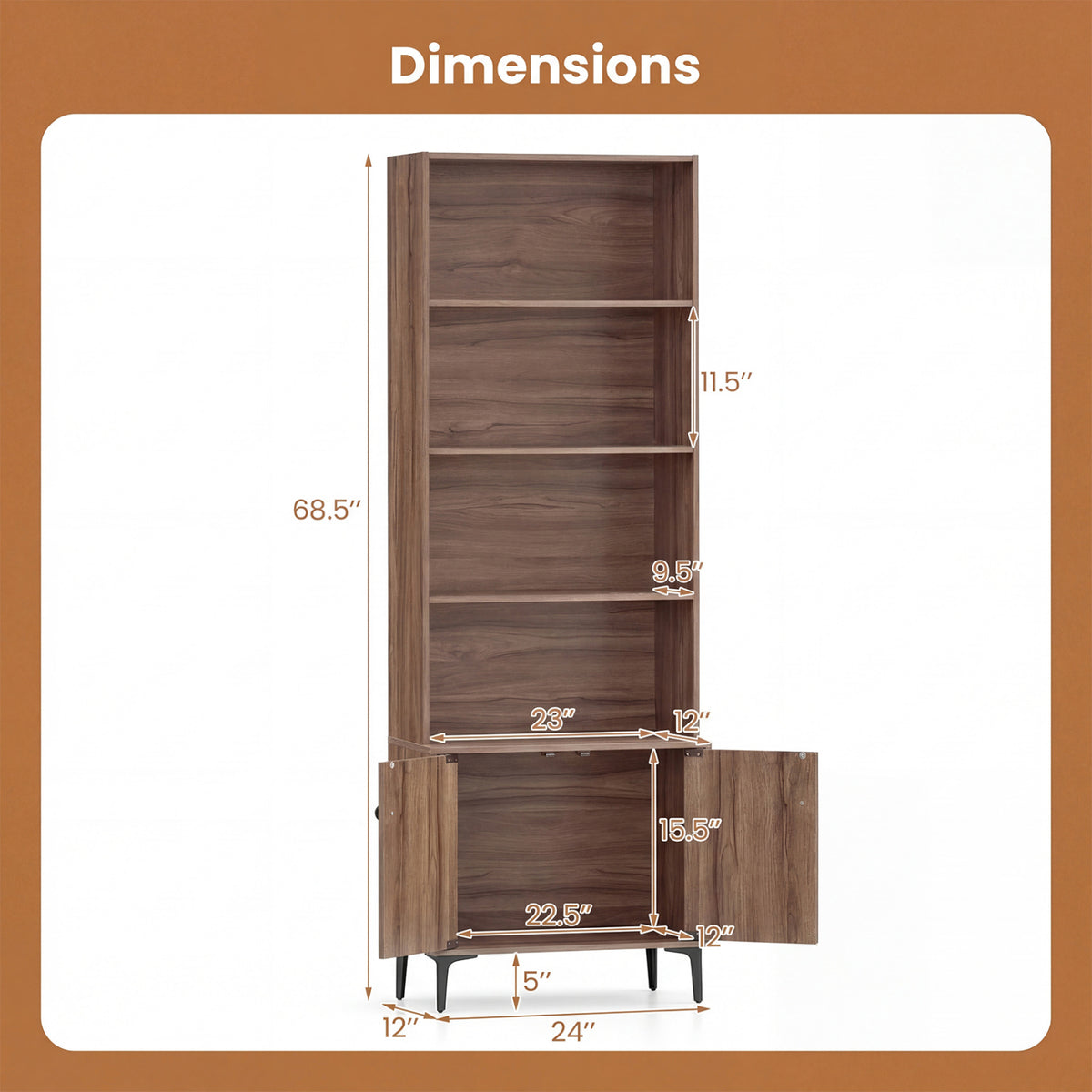 Giantex Bookshelf with Doors and 2 Anti-Tipping Kits for Home Office-Walnut