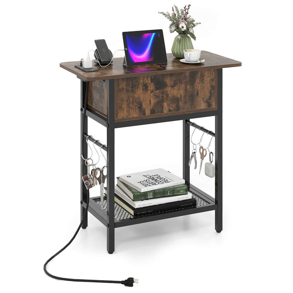 End Table with Charging Station USB Ports Outlets and Flip Top-Coffee
