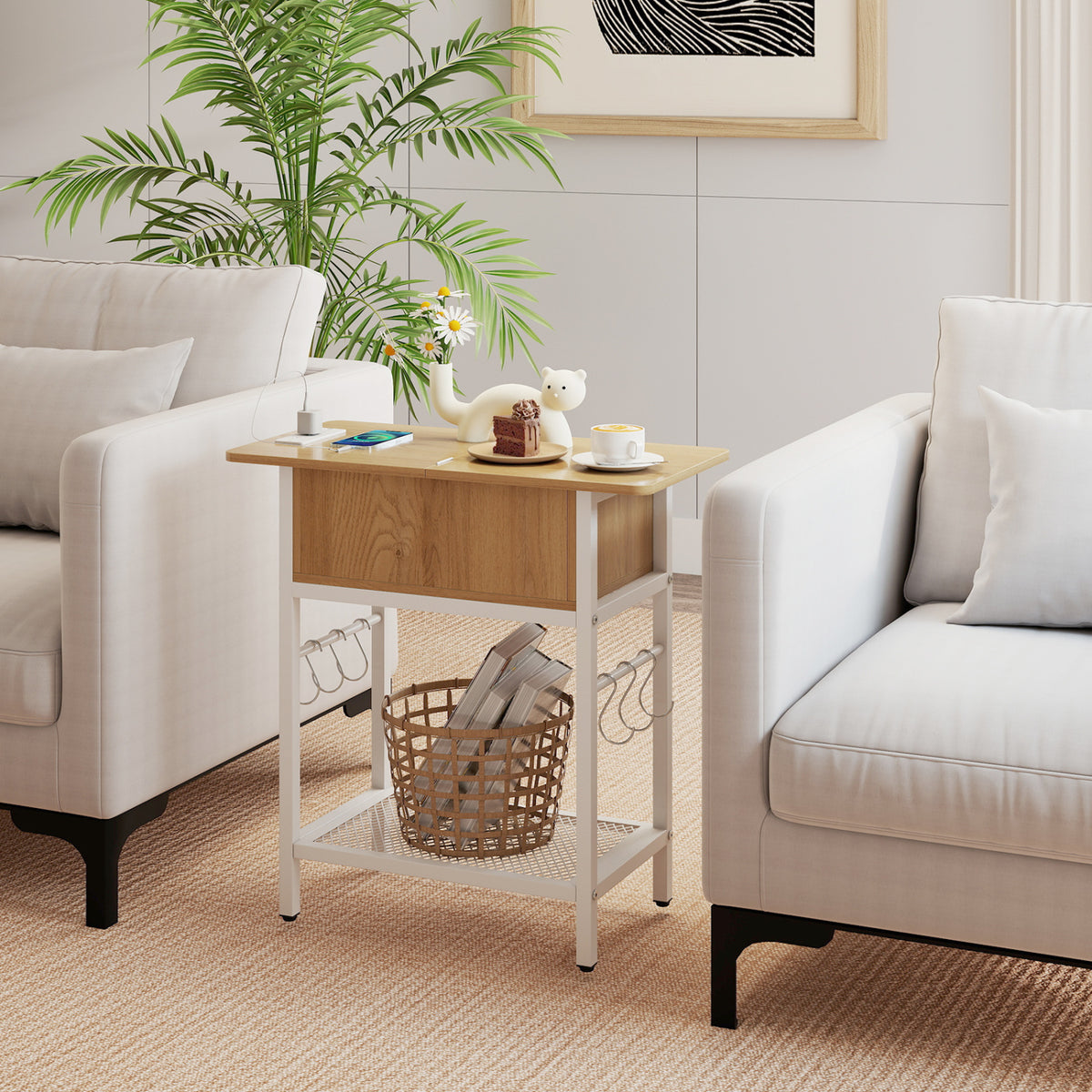 End Table with Charging Station USB Ports Outlets and Flip Top-Natural