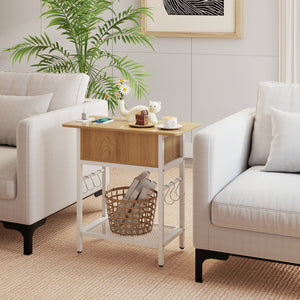 End Table with Charging Station USB Ports Outlets and Flip Top-Natural