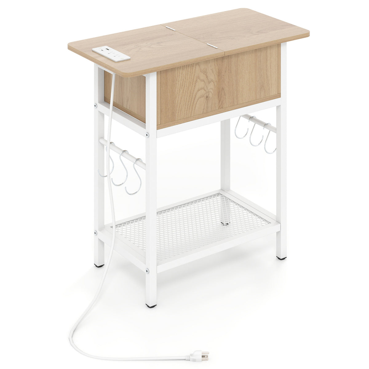 End Table with Charging Station USB Ports Outlets and Flip Top-Natural