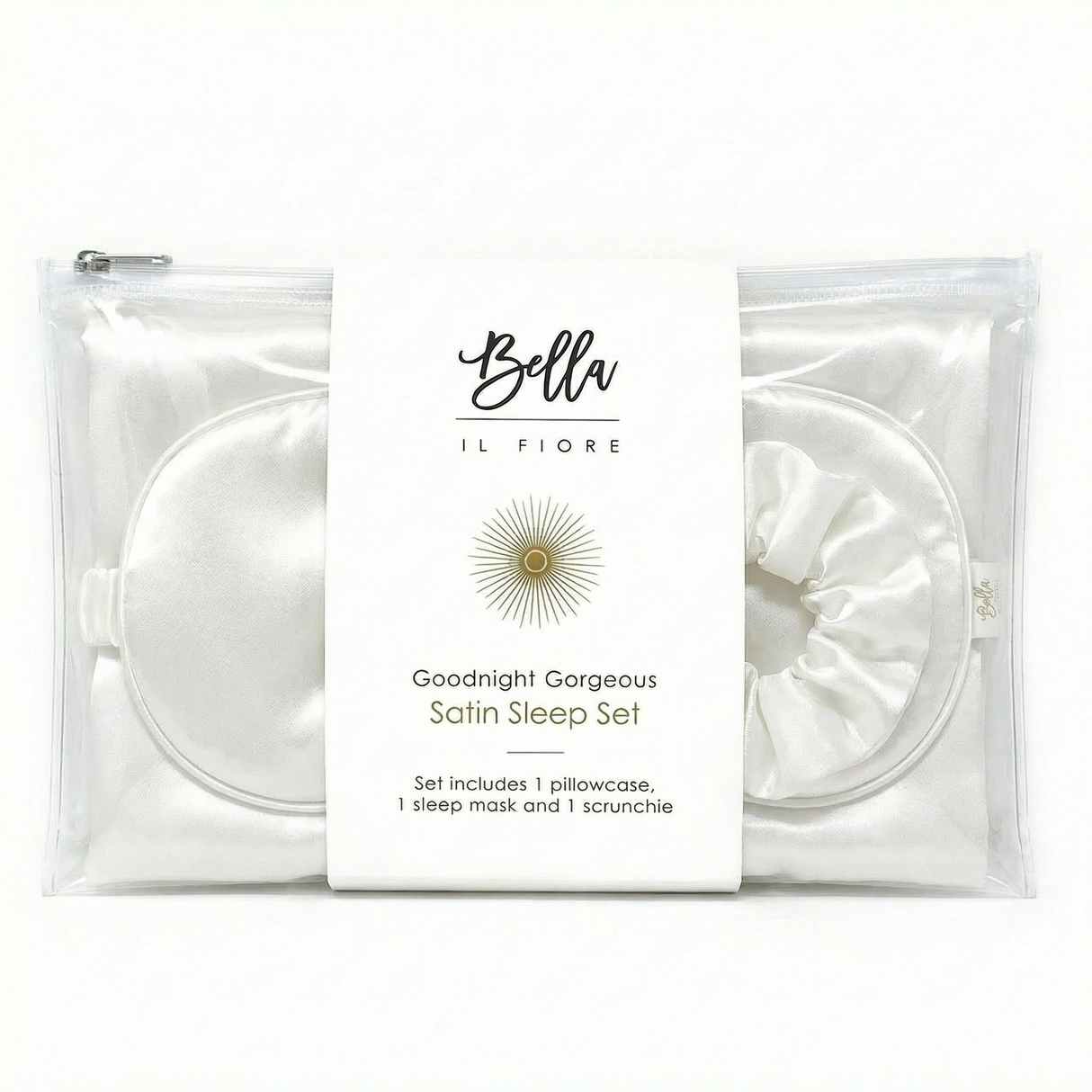 Giftable White Goodnight Gorgeous Satin Sleep Set [Includes Pillowcase, Sleep Mask + Scrunchie]