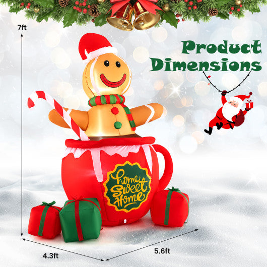 7 Feet Inflatable Gingerbread Man in Hot Cocoa Mug with Built-in LED Lights and Gift Boxes
