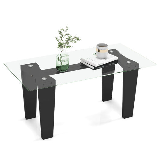 39.5 Inch Glass Coffee Table Modern Rectangular Center Table with Solid Rubber Wood Legs-Black