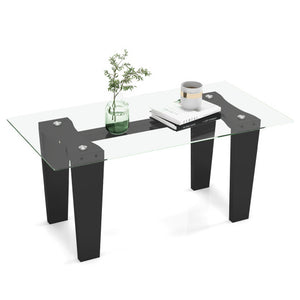 39.5 Inch Glass Coffee Table Modern Rectangular Center Table with Solid Rubber Wood Legs-Black