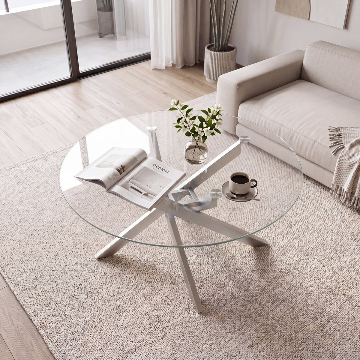Glass Coffee Table Round Clear Center Table with Tempered Glass Top-Silver