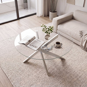 Glass Coffee Table Round Clear Center Table with Tempered Glass Top-Silver
