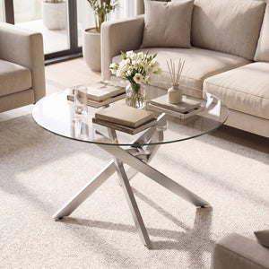 Glass Coffee Table Round Clear Center Table with Tempered Glass Top-Silver