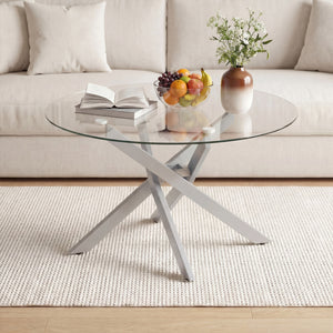 Glass Coffee Table Round Clear Center Table with Tempered Glass Top-Silver