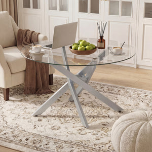 Glass Coffee Table Round Clear Center Table with Tempered Glass Top-Silver