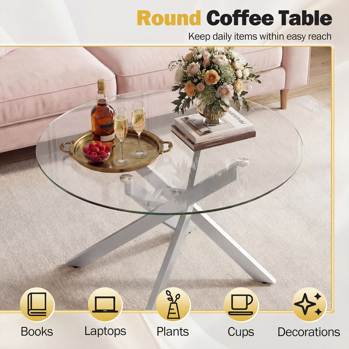 Glass Coffee Table Round Clear Center Table with Tempered Glass Top-Silver