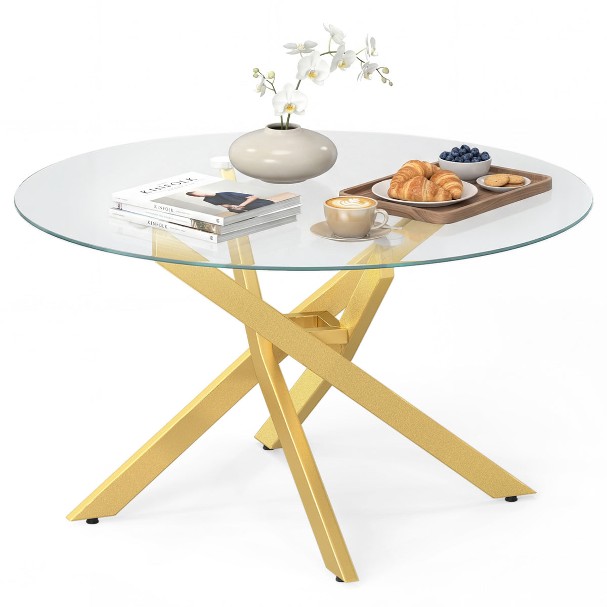 Glass Coffee Table Round Clear Center Table with Tempered Glass Top-Golden