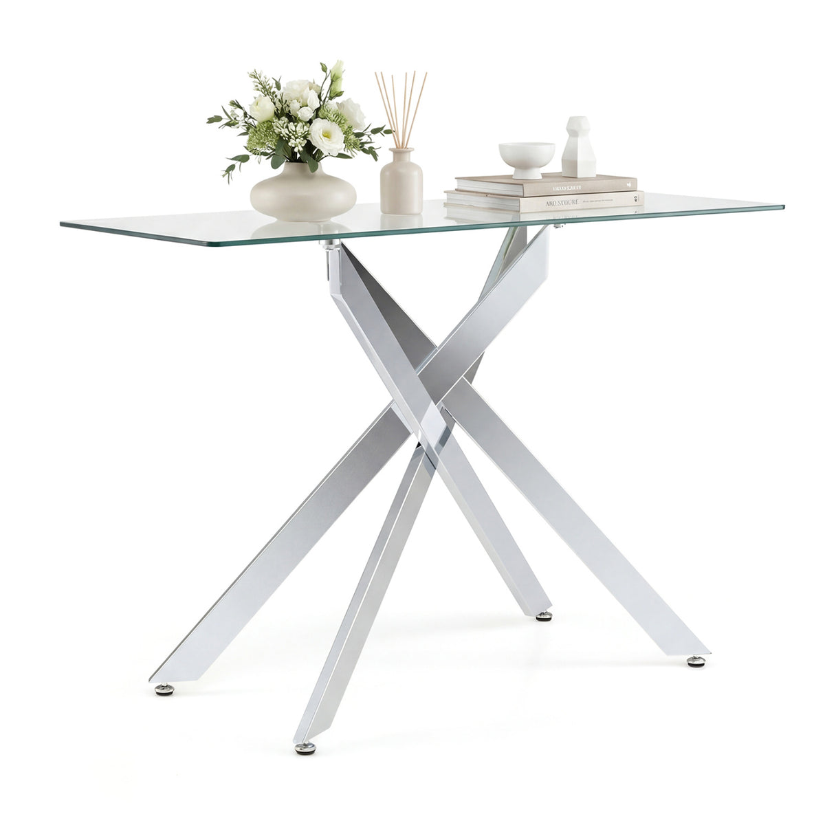 Glass Console Table Modern Entryway Table with Clear Tempered Glass Top-Silver