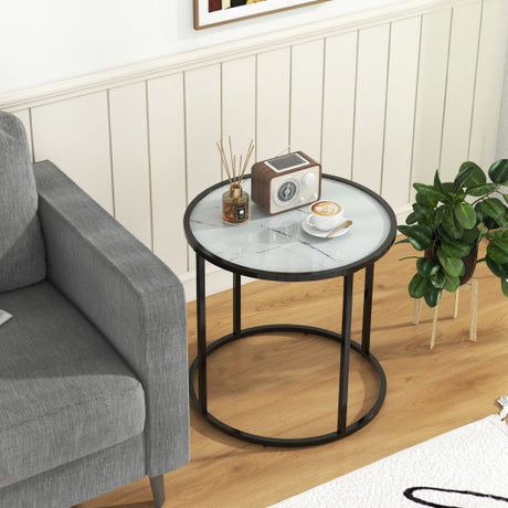 20" Glass End Table with Metal Frame and Faux Marble Glass Top-Black & White