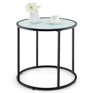 20" Glass End Table with Metal Frame and Faux Marble Glass Top-Black & White
