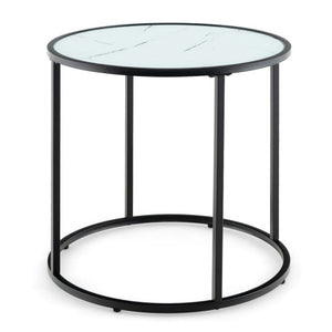20" Glass End Table with Metal Frame and Faux Marble Glass Top-Black & White