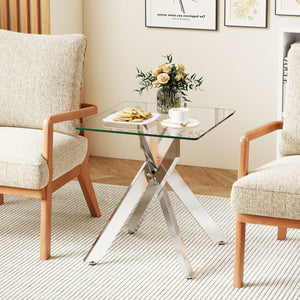 Glass Side Table Square End Table with Tempered Glass Top and Metal X Base-Silver
