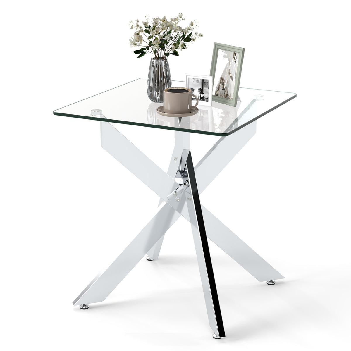 Glass Side Table Square End Table with Tempered Glass Top and Metal X Base-Silver
