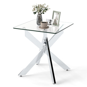 Glass Side Table Square End Table with Tempered Glass Top and Metal X Base-Silver