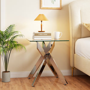 Glass Side Table Square End Table with Tempered Glass Top and Metal X Base-Silver