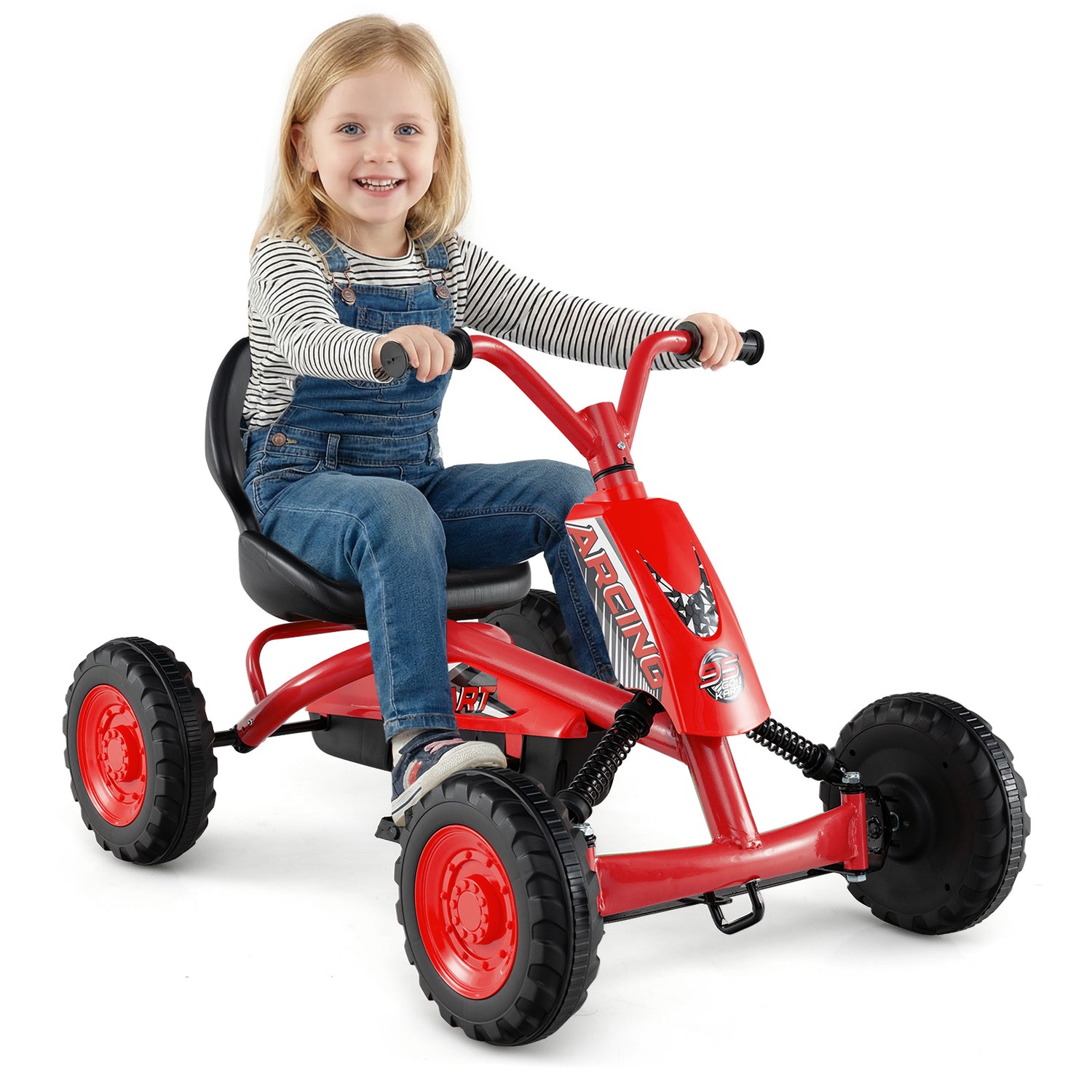 Go Kart for Kids 4 Wheel with Steering Handlebars and Adjustable Seat-Red