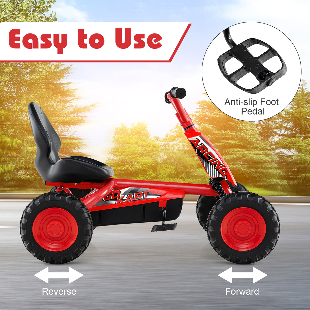 Go Kart for Kids 4 Wheel with Steering Handlebars and Adjustable Seat-Red
