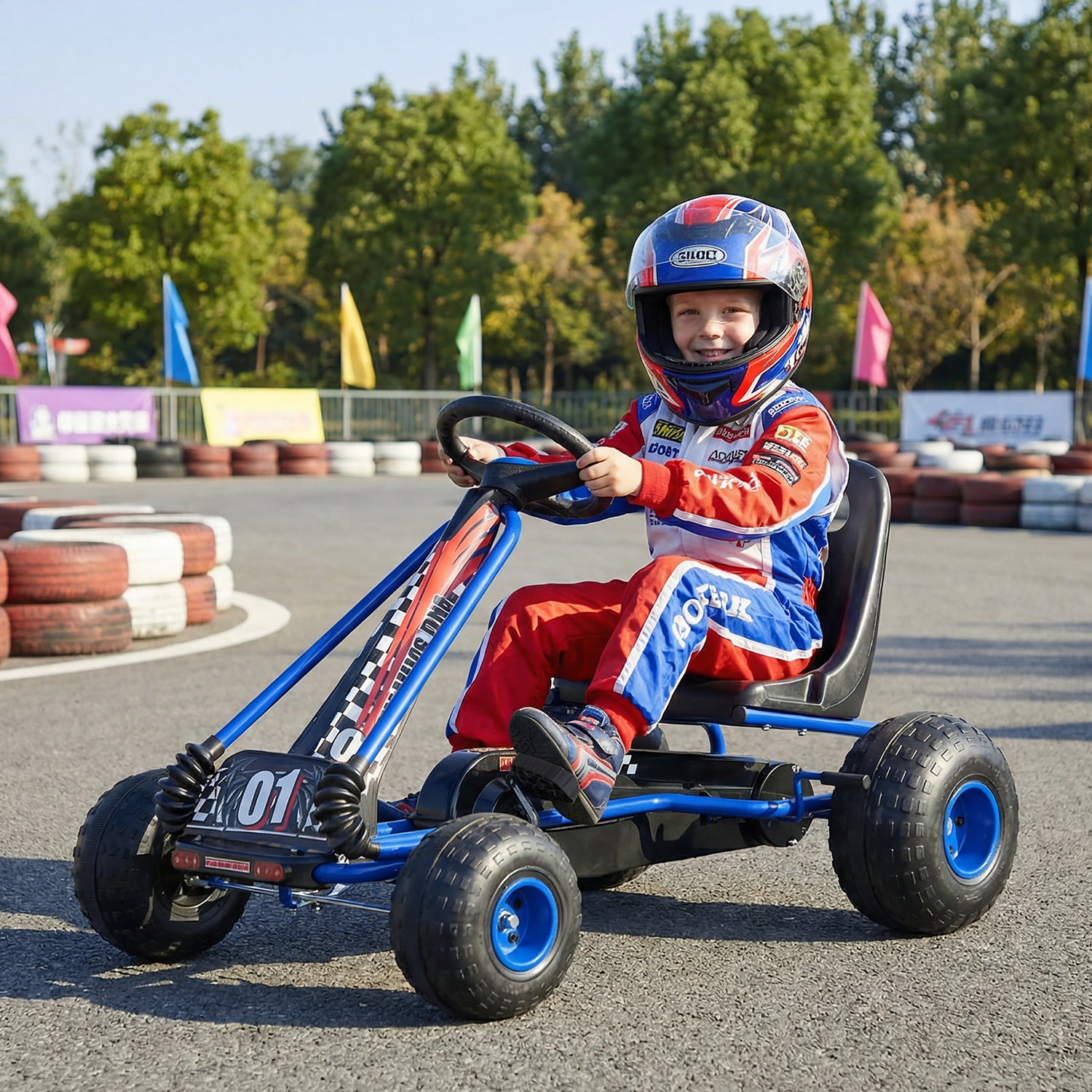 Go Kart for Kids 4 Wheels Pedal with Adjustable Seat and Multi-Terrain Wheels-Blue