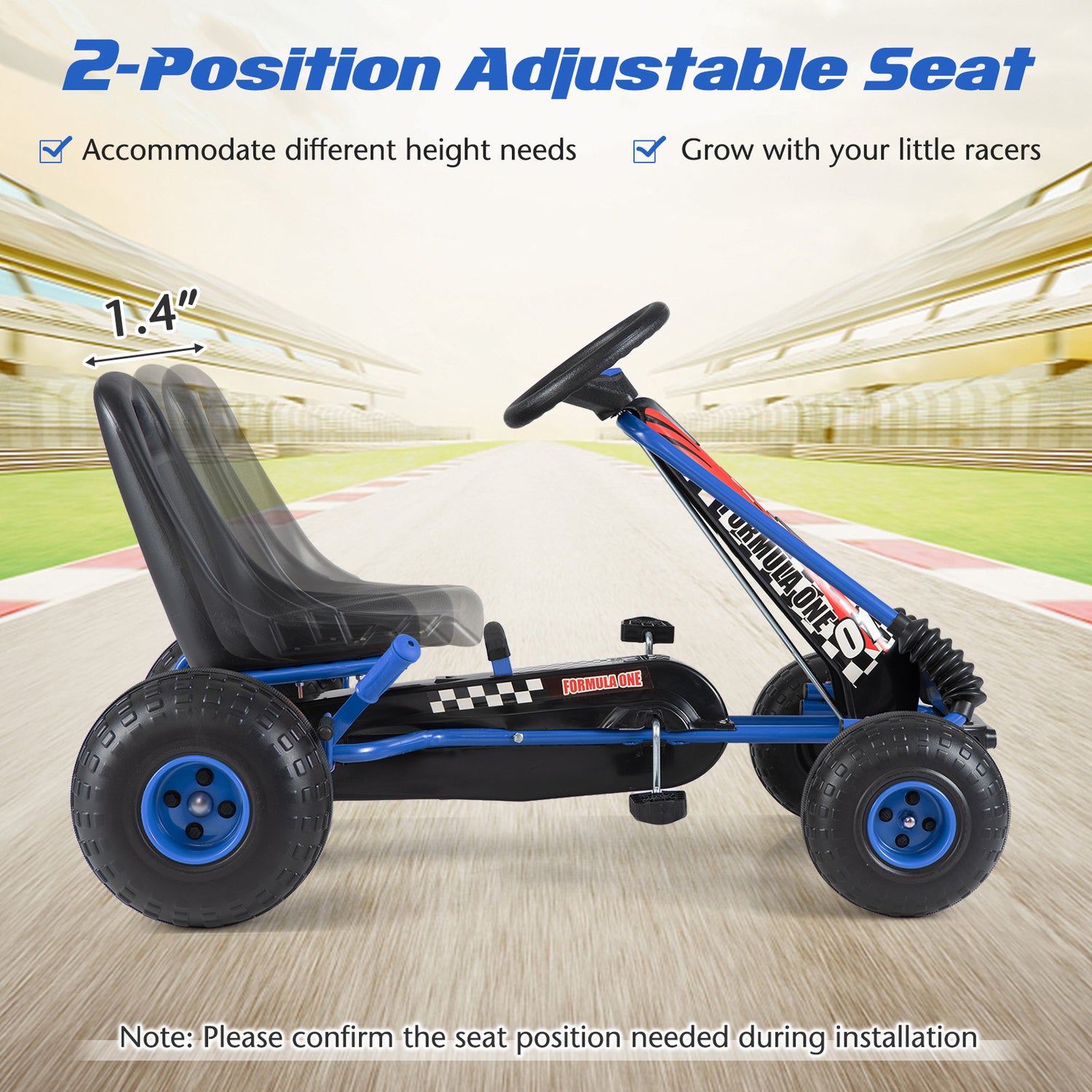 Go Kart for Kids 4 Wheels Pedal with Adjustable Seat and Multi-Terrain Wheels-Blue